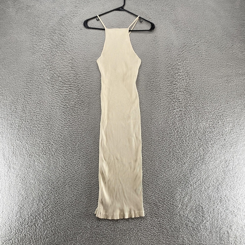 Zara Knit Bodycon Midi Slip Dress Womens Small Beige Cream Ribbed Clean Girl